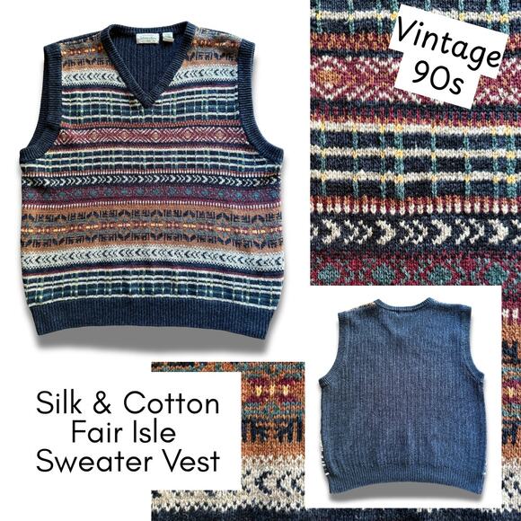 Vintage 90s Fair Isle Sweater Vest SILK Prep Grunge Academia Collegiate Grandpa - Picture 1 of 10